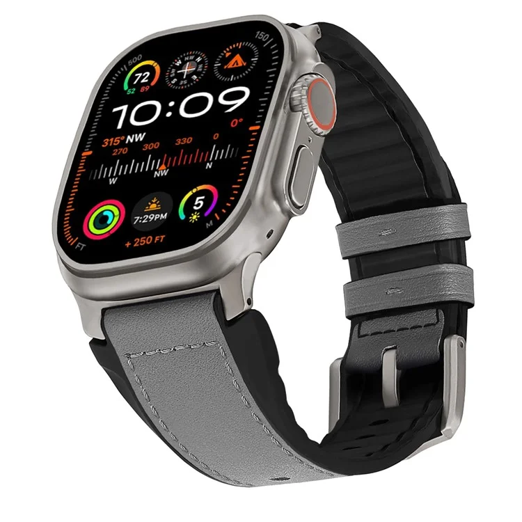 Wrist Strap for Apple Watch Series 10 9 8 7 SE 6 5 4 3 2 1 42mm 41mm 40mm 38mm Silicone + Leather Covered Watch Band - Dark Grey