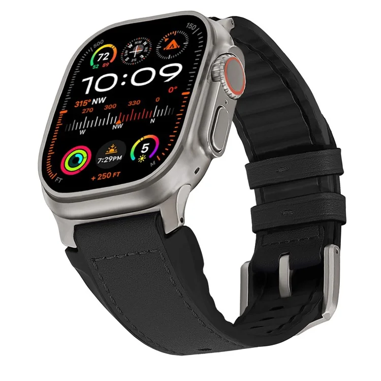 Wrist Strap for Apple Watch Series 10 Ultra 9 8 7 SE 6 5 4 3 2 1 46mm 49mm 45mm 44mm 42mm Silicone + Leather Covered Watch Band - Black