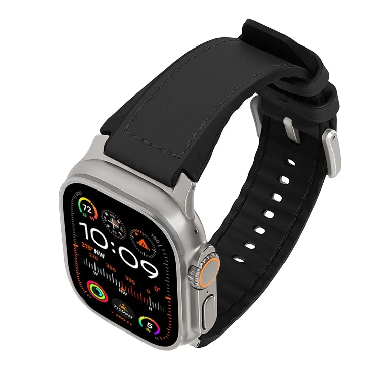 Wrist Strap for Apple Watch Series 10 Ultra 9 8 7 SE 6 5 4 3 2 1 46mm 49mm 45mm 44mm 42mm Silicone + Leather Covered Watch Band - Black