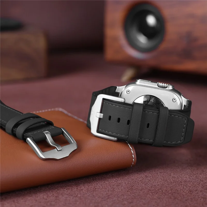 Wrist Strap for Apple Watch Series 10 Ultra 9 8 7 SE 6 5 4 3 2 1 46mm 49mm 45mm 44mm 42mm Silicone + Leather Covered Watch Band - Black