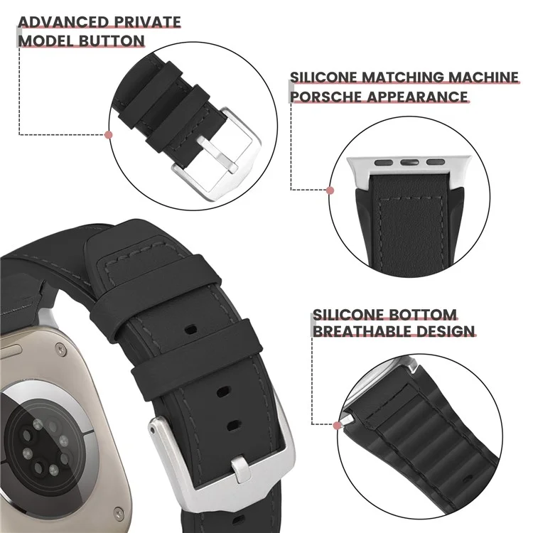Wrist Strap for Apple Watch Series 10 Ultra 9 8 7 SE 6 5 4 3 2 1 46mm 49mm 45mm 44mm 42mm Silicone + Leather Covered Watch Band - Black