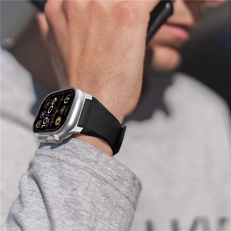 Wrist Strap for Apple Watch Series 10 Ultra 9 8 7 SE 6 5 4 3 2 1 46mm 49mm 45mm 44mm 42mm Silicone + Leather Covered Watch Band - Black