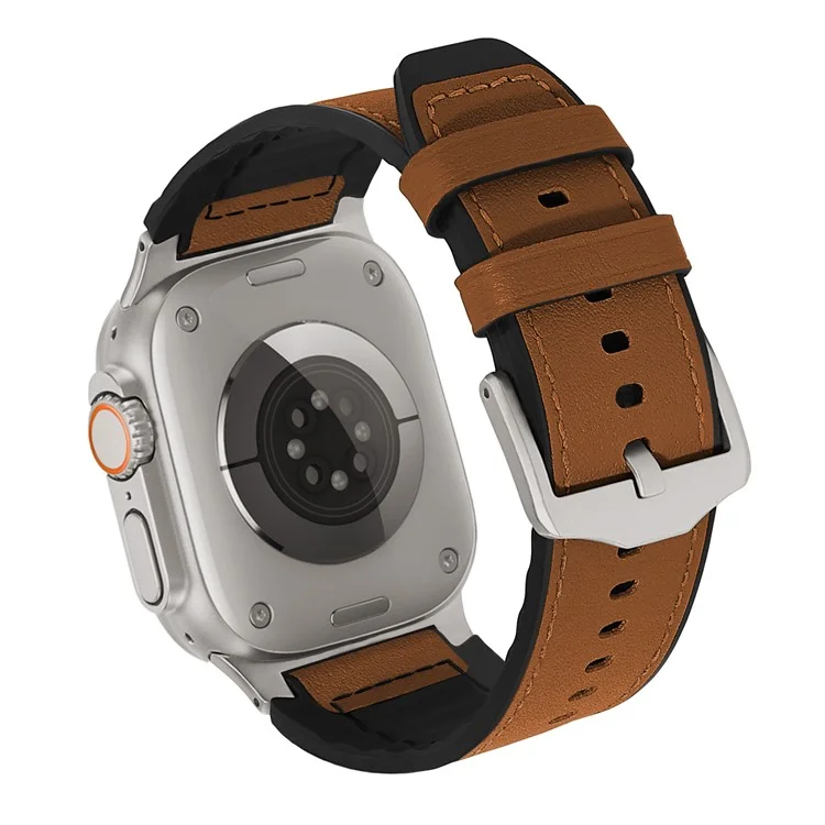 Wrist Strap for Apple Watch Series 10 Ultra 9 8 7 SE 6 5 4 3 2 1 46mm 49mm 45mm 44mm 42mm Silicone + Leather Covered Watch Band - Brown