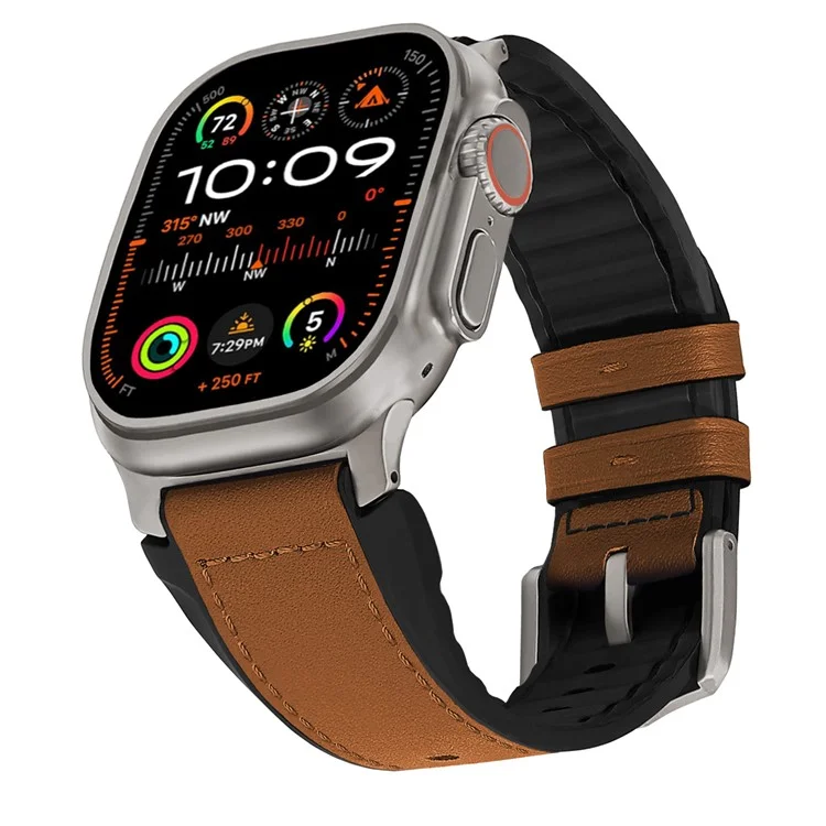 Wrist Strap for Apple Watch Series 10 Ultra 9 8 7 SE 6 5 4 3 2 1 46mm 49mm 45mm 44mm 42mm Silicone + Leather Covered Watch Band - Brown