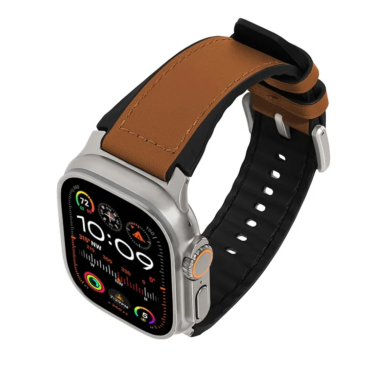 Wrist Strap for Apple Watch Series 10 Ultra 9 8 7 SE 6 5 4 3 2 1 46mm 49mm 45mm 44mm 42mm Silicone + Leather Covered Watch Band - Brown