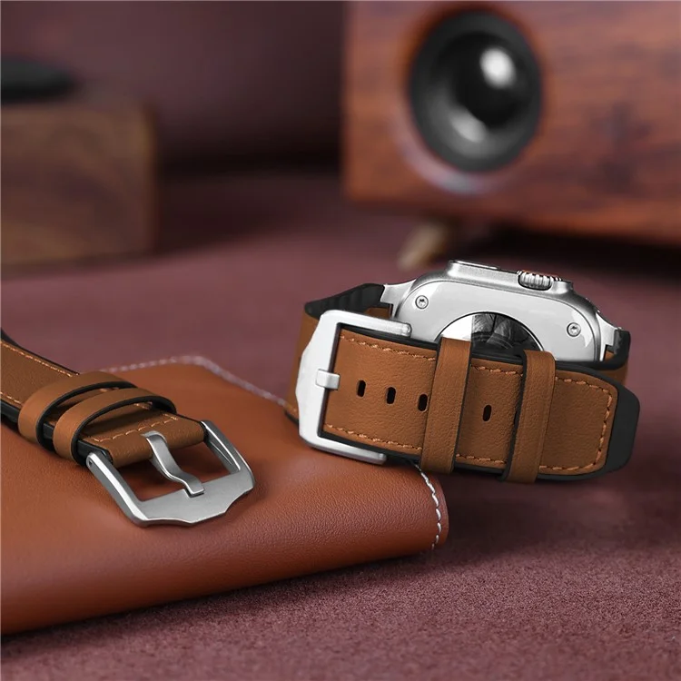 Wrist Strap for Apple Watch Series 10 Ultra 9 8 7 SE 6 5 4 3 2 1 46mm 49mm 45mm 44mm 42mm Silicone + Leather Covered Watch Band - Brown
