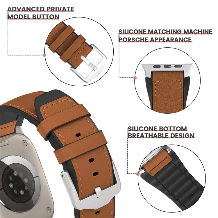 Wrist Strap for Apple Watch Series 10 Ultra 9 8 7 SE 6 5 4 3 2 1 46mm 49mm 45mm 44mm 42mm Silicone + Leather Covered Watch Band - Brown