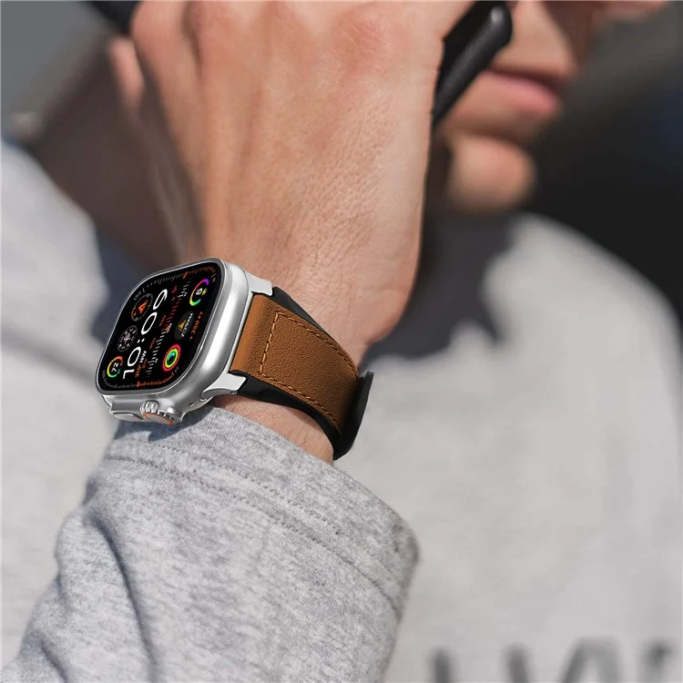 Wrist Strap for Apple Watch Series 10 Ultra 9 8 7 SE 6 5 4 3 2 1 46mm 49mm 45mm 44mm 42mm Silicone + Leather Covered Watch Band - Brown