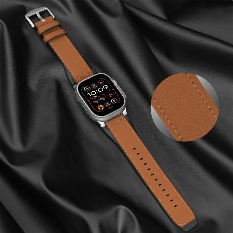 Wrist Strap for Apple Watch Series 10 Ultra 9 8 7 SE 6 5 4 3 2 1 46mm 49mm 45mm 44mm 42mm Silicone + Leather Covered Watch Band - Brown