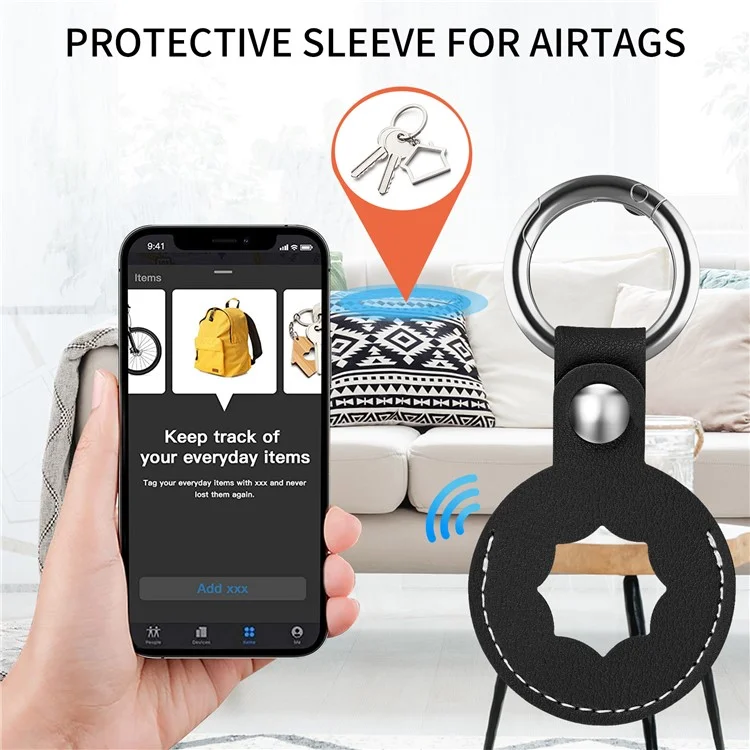 Anti-Drop Octagonal Protective PU Leather Case Cover with Ring Buckle for Apple AirTag Locator - Black
