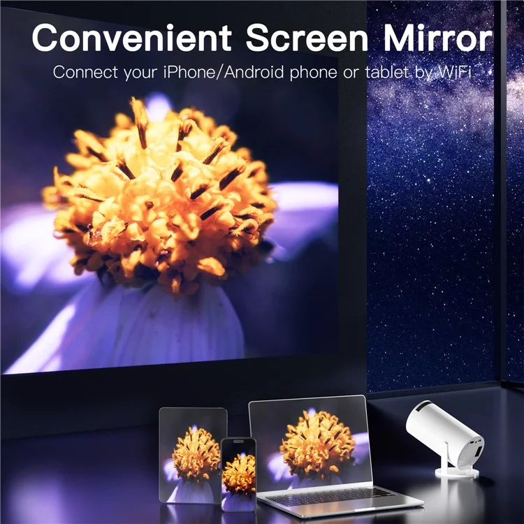 HY300-H713 600P Portable Mini Projector LED 130 ANSI Lumens Android 11 WiFi BT5.4 Projector for Home / Office - EU Plug