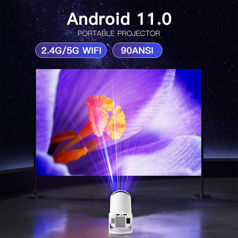 HY300-H713 600P Portable Mini Projector LED 130 ANSI Lumens Android 11 WiFi BT5.4 Projector for Home / Office - US Plug