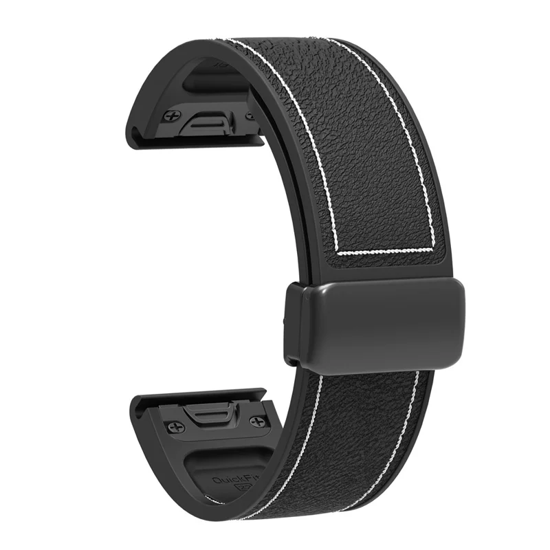 Correa de silicona para Garmin Fenix 8 47mm / 7 / 6 con hebilla magnética y textura de cuero - Negro