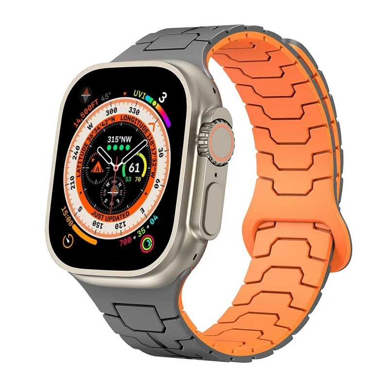 Watch Band for Apple Watch Series 10 Ultra 9 8 7 SE 6 5 4 3 2 1 46mm 49mm 45mm 44mm 42mm Magnetic Silicone Strap - Grey+Orange