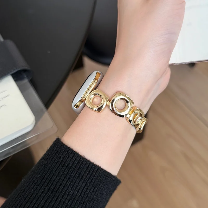Armband für Apple Watch Series 10 9 8 7 SE 6 5 4 3 2 1 42mm 41mm 40mm 38mm Quadrat Rundes Loch Metallarmband - Gold