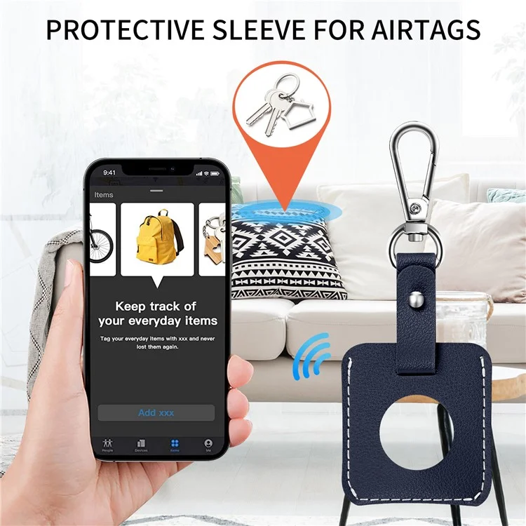 Square Shape Anti-Drop PU Leather Protective Case Cover with Buckle for Apple AirTag Locator - Dark Blue