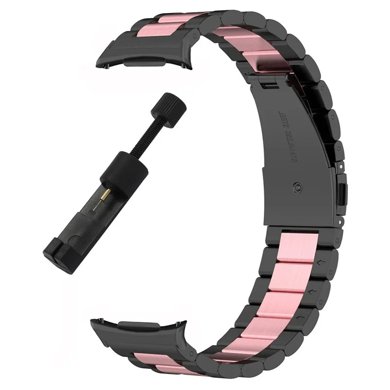 For Samsung Galaxy Watch8 40mm / 44mm Stainless Steel Watch Band Three Bead Design Strap with Disassembly Tool - Black / Pink