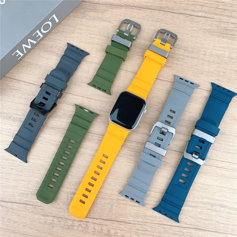 Bracelet de montre pour Apple Watch Series 10 Ultra 9 8 7 SE 6 5 4 3 2 1 46mm 49mm 45mm 44mm 42mm Bracelet de poignet en silicone - Vert Fluorescent / Boucle Noire