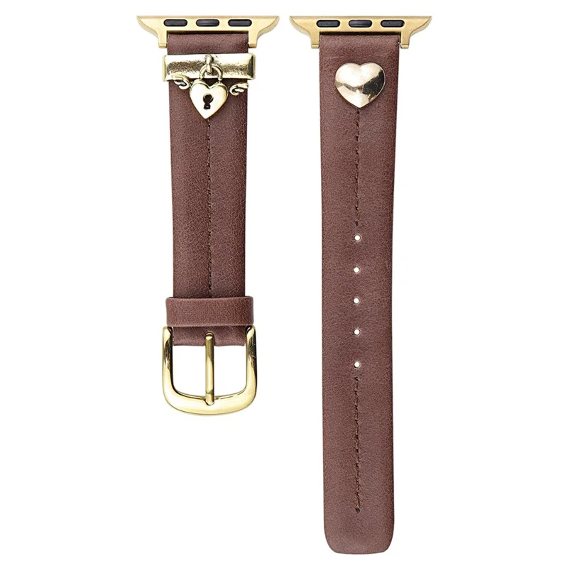 Wrist Strap for Apple Watch Series 10 9 8 7 SE 6 5 4 3 2 1 42mm 41mm 40mm 38mm Heart Pendant Leather Watch Band - Coffee / Gold Buckle