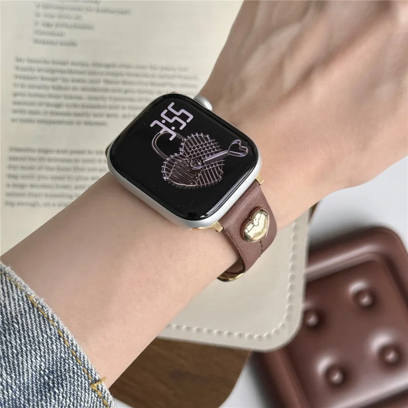 Wrist Strap for Apple Watch Series 10 9 8 7 SE 6 5 4 3 2 1 42mm 41mm 40mm 38mm Heart Pendant Leather Watch Band - Coffee / Gold Buckle