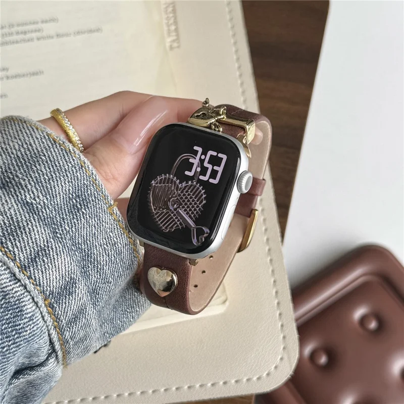 Wrist Strap for Apple Watch Series 10 Ultra 9 8 7 SE 6 5 4 3 2 1 46mm 49mm 45mm 44mm 42mm Heart Pendant Leather Watch Band - Coffee / Gold Buckle