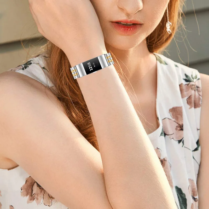 7 Perles Design Plan De Rechange En Acier Inoxydable Sangle De Poignet Pour FITBIT Charge 2 - Argent Or