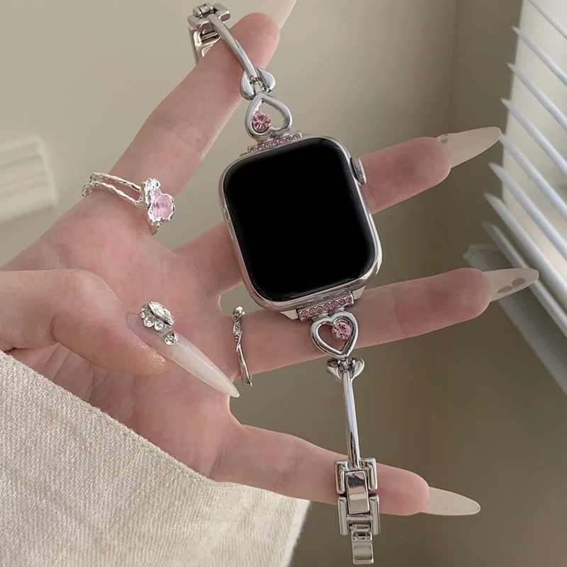 Bracelet Strap for Apple Watch Series 10 Ultra 9 8 7 SE 6 5 4 3 2 1 46mm 49mm 45mm 44mm 42mm Love Heart Rhinestone Metal Watch Band - Pink Rhinestone