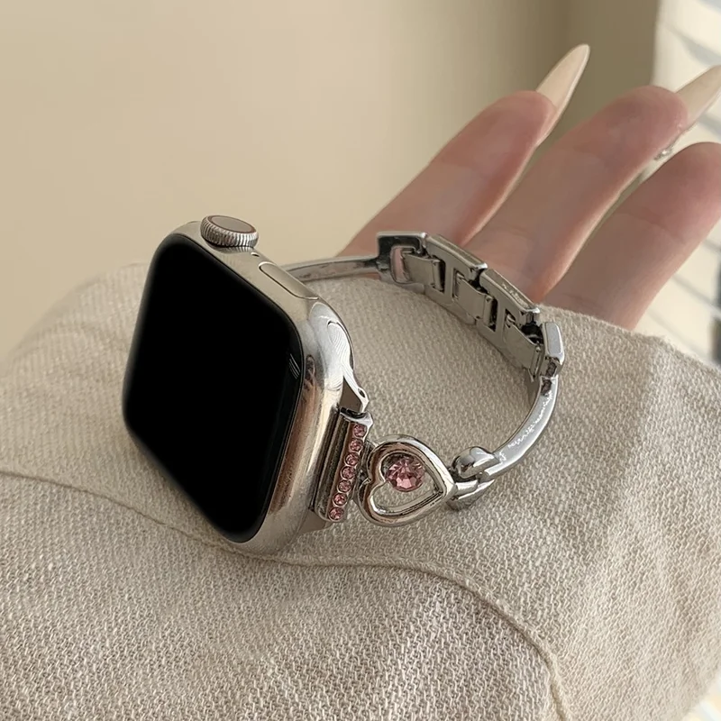 Bracelet Strap for Apple Watch Series 10 Ultra 9 8 7 SE 6 5 4 3 2 1 46mm 49mm 45mm 44mm 42mm Love Heart Rhinestone Metal Watch Band - Pink Rhinestone