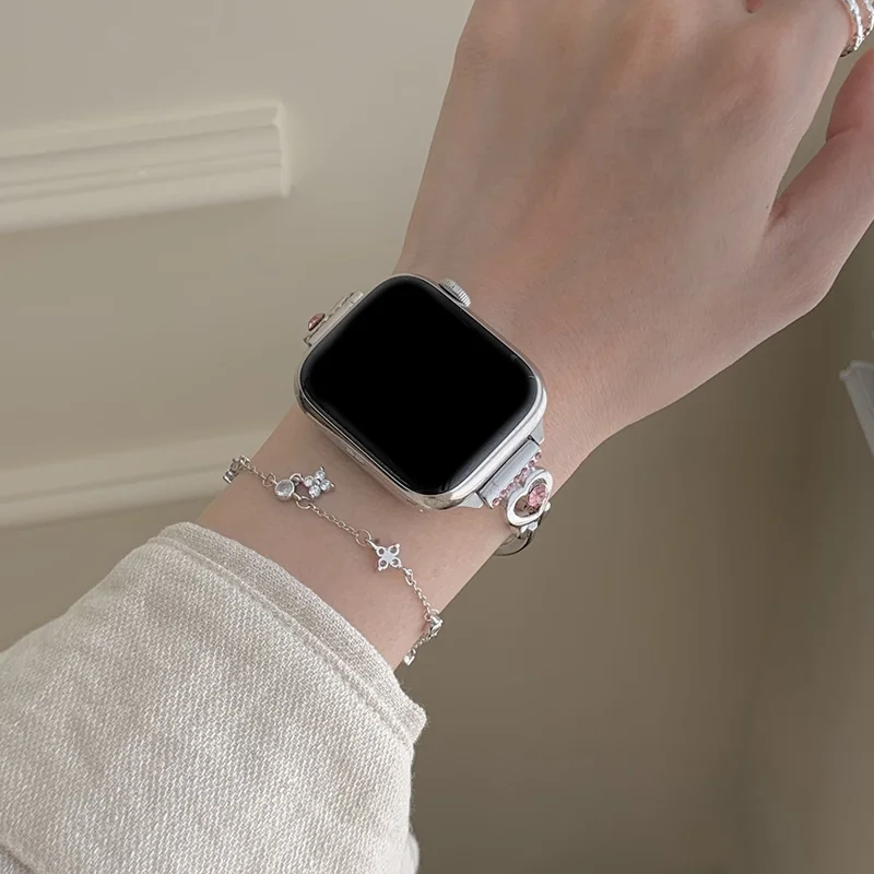 Bracelet Strap for Apple Watch Series 10 Ultra 9 8 7 SE 6 5 4 3 2 1 46mm 49mm 45mm 44mm 42mm Love Heart Rhinestone Metal Watch Band - Pink Rhinestone