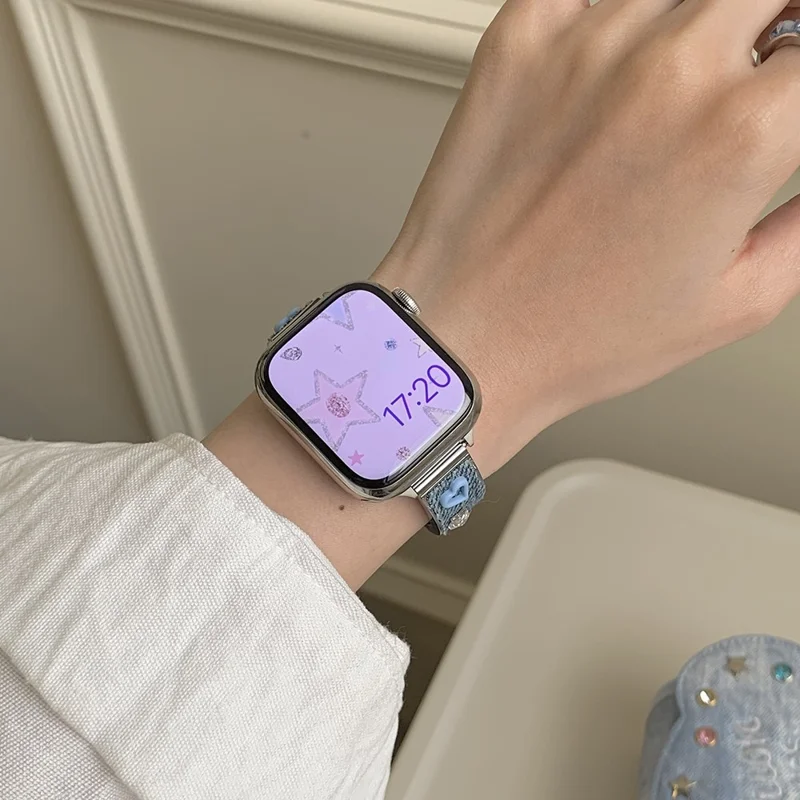 Denim Metal Strap for Apple Watch Series 10 9 8 7 SE 6 5 4 3 2 1 42mm 41mm 40mm 38mm Dopamine Rhinestone Watch Band - Blue