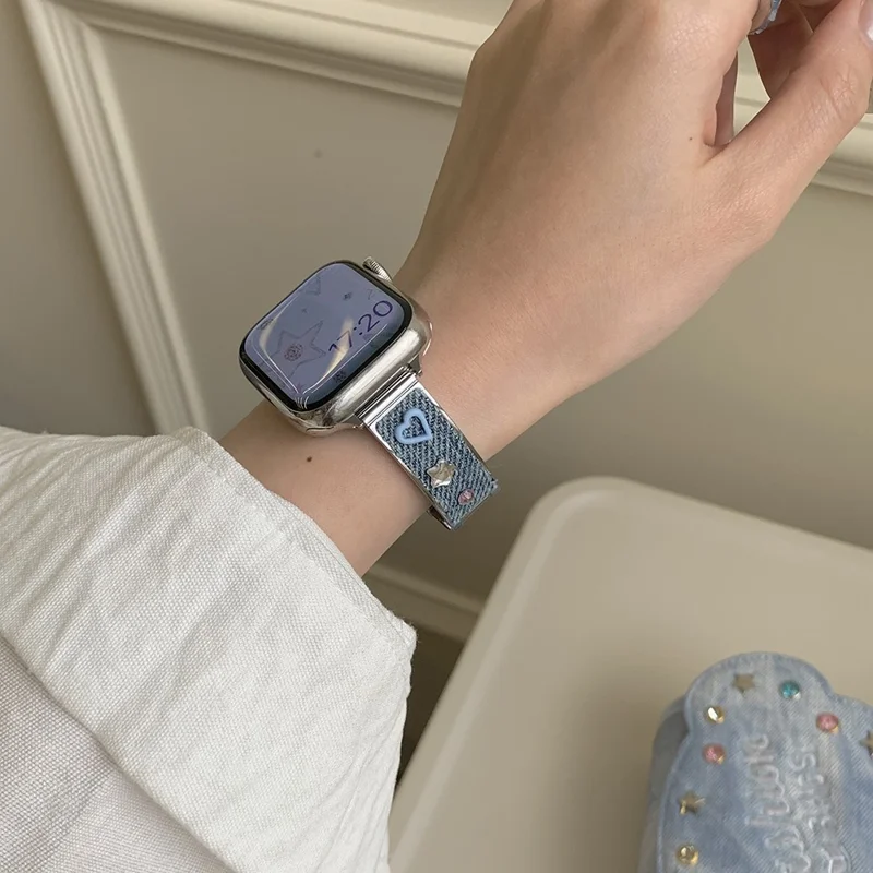 Denim Metal Strap for Apple Watch Series 10 9 8 7 SE 6 5 4 3 2 1 42mm 41mm 40mm 38mm Dopamine Rhinestone Watch Band - Blue