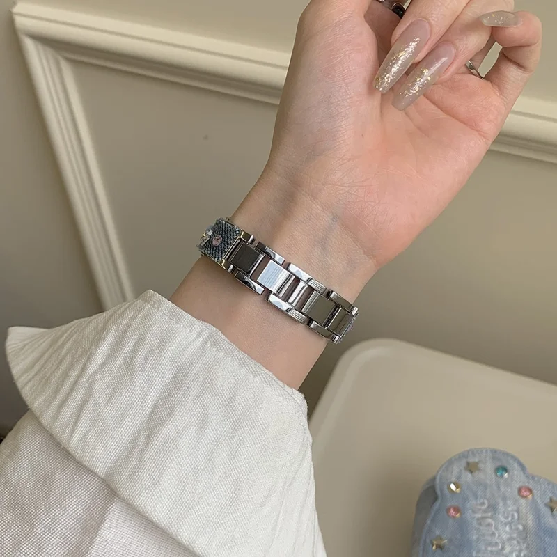 Denim Metal Strap for Apple Watch Series 10 9 8 7 SE 6 5 4 3 2 1 42mm 41mm 40mm 38mm Dopamine Rhinestone Watch Band - Blue