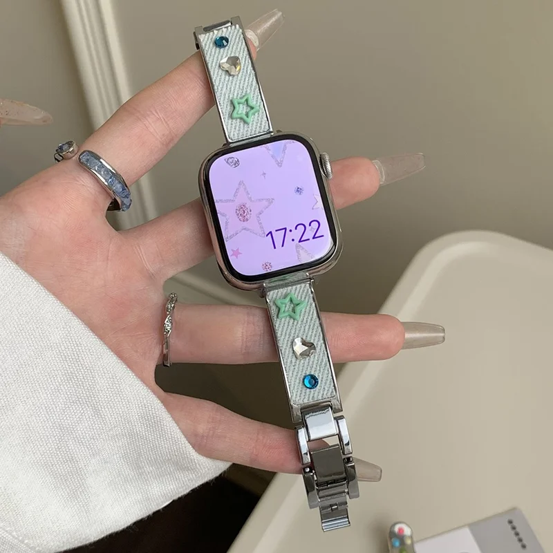 Джинсовый металлический ремешок для Apple Watch Series 10 9 8 7 SE 6 5 4 3 2 1 42мм 41мм 40мм 38мм Dopamine Rhinestone Watch Band - Белый