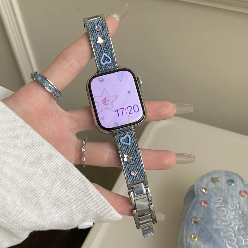 Denim-Metallarmband für Apple Watch Series 10 Ultra 9 8 7 SE 6 5 4 3 2 1 46mm 49mm 45mm 44mm 42mm Dopamin-Strass-Armband - Blau