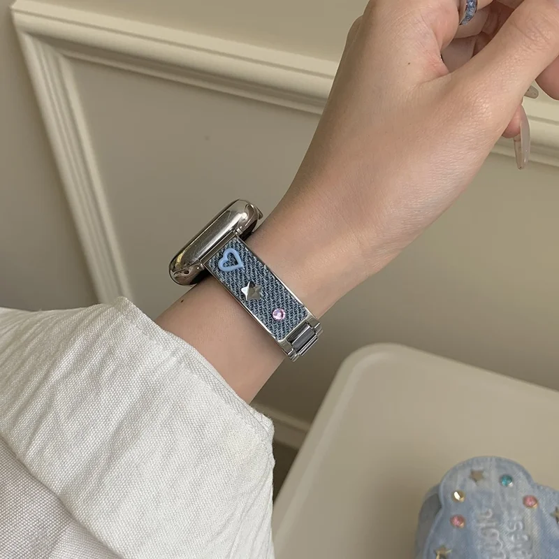 Denim-Metallarmband für Apple Watch Series 10 Ultra 9 8 7 SE 6 5 4 3 2 1 46mm 49mm 45mm 44mm 42mm Dopamin-Strass-Armband - Blau