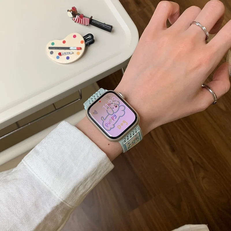 Wrist Strap for Apple Watch Series 11 10 42mm / 9 8 7 41mm / SE3 SE2 SE 6 5 4 40mm / 3 2 1 38mm Dachshund Breathable Nylon Watch Band - Mint Green