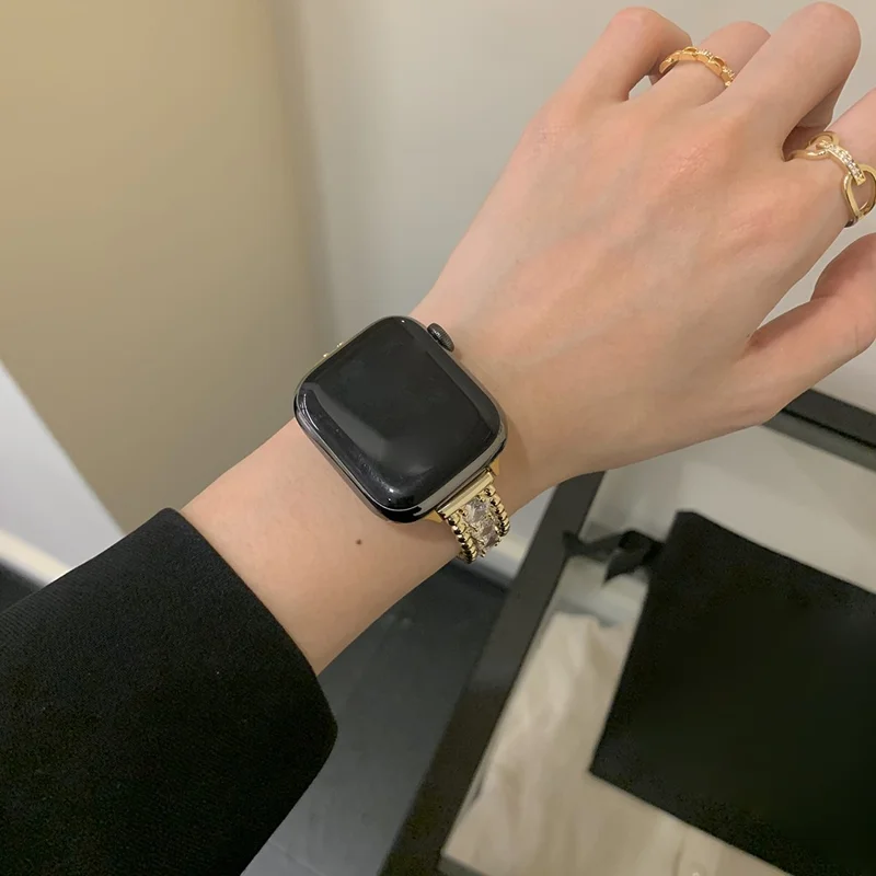 Bracelet Strap for Apple Watch Series 10 9 8 7 SE 6 5 4 3 2 1 42mm 41mm 40mm 38mm Beads Zircon Copper Watch Band - Gold