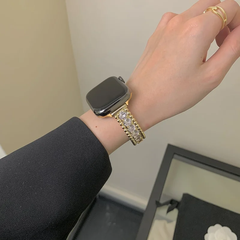 Bracelet Strap for Apple Watch Series 10 9 8 7 SE 6 5 4 3 2 1 42mm 41mm 40mm 38mm Beads Zircon Copper Watch Band - Gold