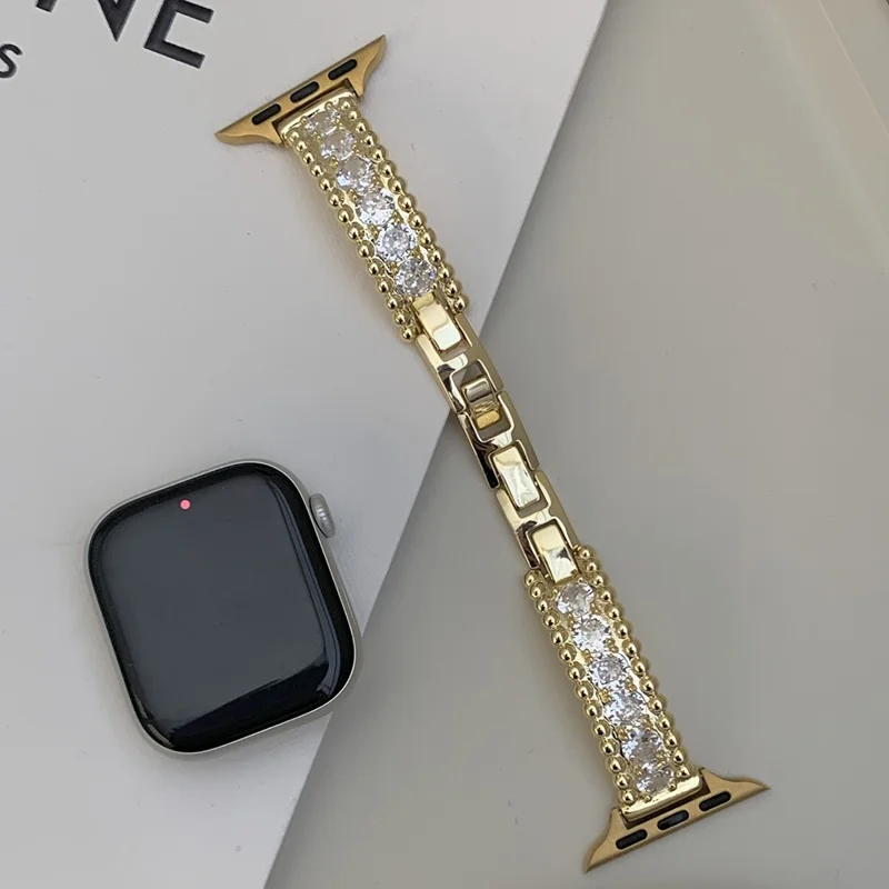 Bracelet Strap for Apple Watch Series 10 Ultra 9 8 7 SE 6 5 4 3 2 1 46mm 49mm 45mm 44mm 42mm Beads Zircon Copper Watch Band - Gold