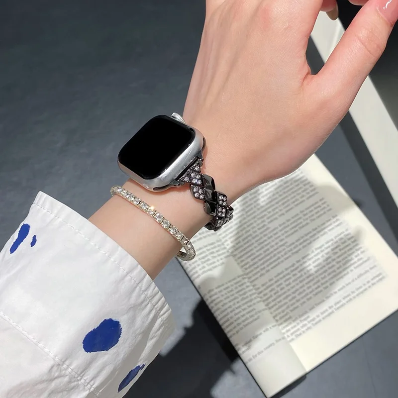 Metal Strap for Apple Watch Series 10 9 8 7 SE 6 5 4 3 2 1 42mm 41mm 40mm 38mm Rhinestone Decor Rhombus Watch Band - Black
