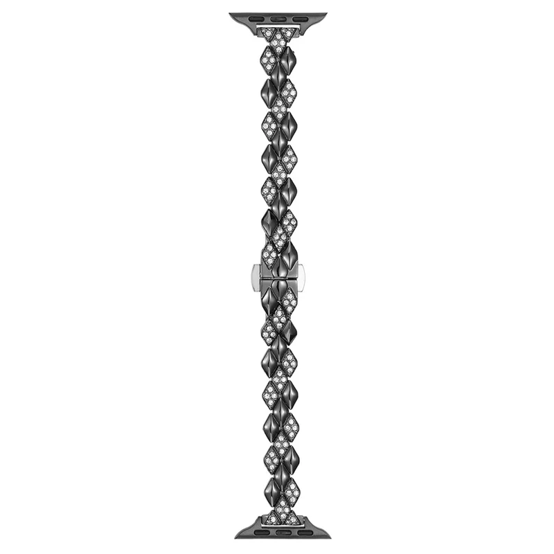 Pulseira de Metal para Apple Watch Series 10 Ultra 9 8 7 SE 6 5 4 3 2 1 46mm 49mm 45mm 44mm 42mm Decoração com Strass em Formato de Losango - Preto