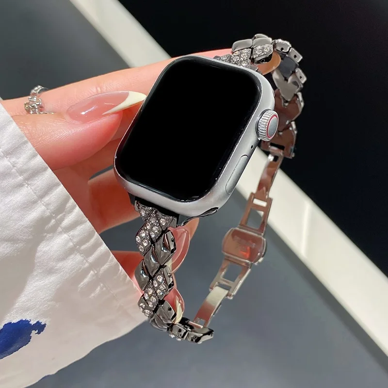 Pulseira de Metal para Apple Watch Series 10 Ultra 9 8 7 SE 6 5 4 3 2 1 46mm 49mm 45mm 44mm 42mm Decoração com Strass em Formato de Losango - Preto