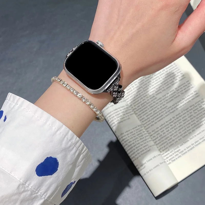 Pulseira de Metal para Apple Watch Series 10 Ultra 9 8 7 SE 6 5 4 3 2 1 46mm 49mm 45mm 44mm 42mm Decoração com Strass em Formato de Losango - Preto