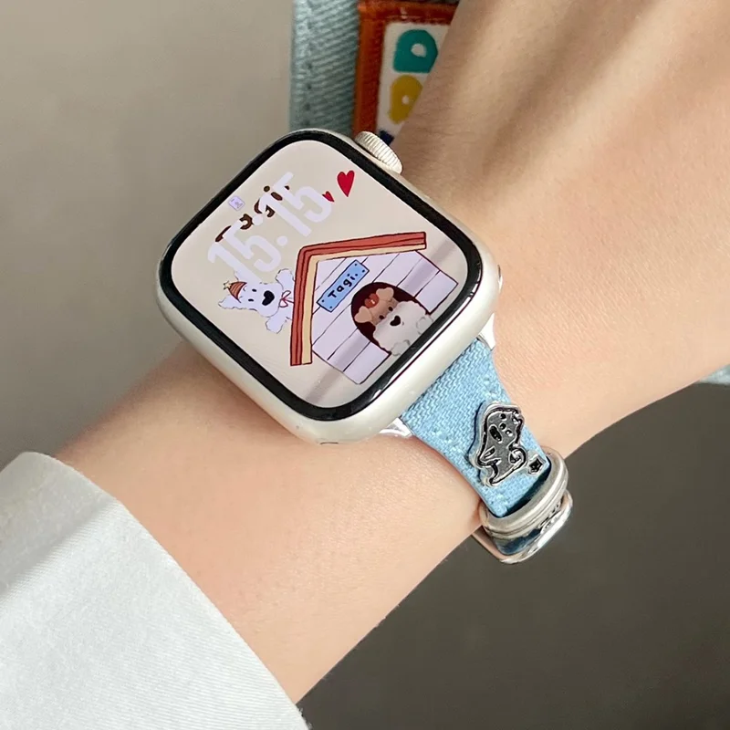 Watch Band for Apple Watch Series 10 Ultra 9 8 7 SE 6 5 4 3 2 1 46mm 49mm 45mm 44mm 42mm Puppy Decor Denim Strap - Blue