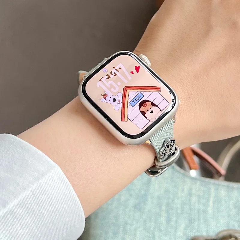 Bracelet de montre pour Apple Watch Series 10 Ultra 9 8 7 SE 6 5 4 3 2 1 46mm 49mm 45mm 44mm 42mm Décoration de chiot Sangle en denim - Vert