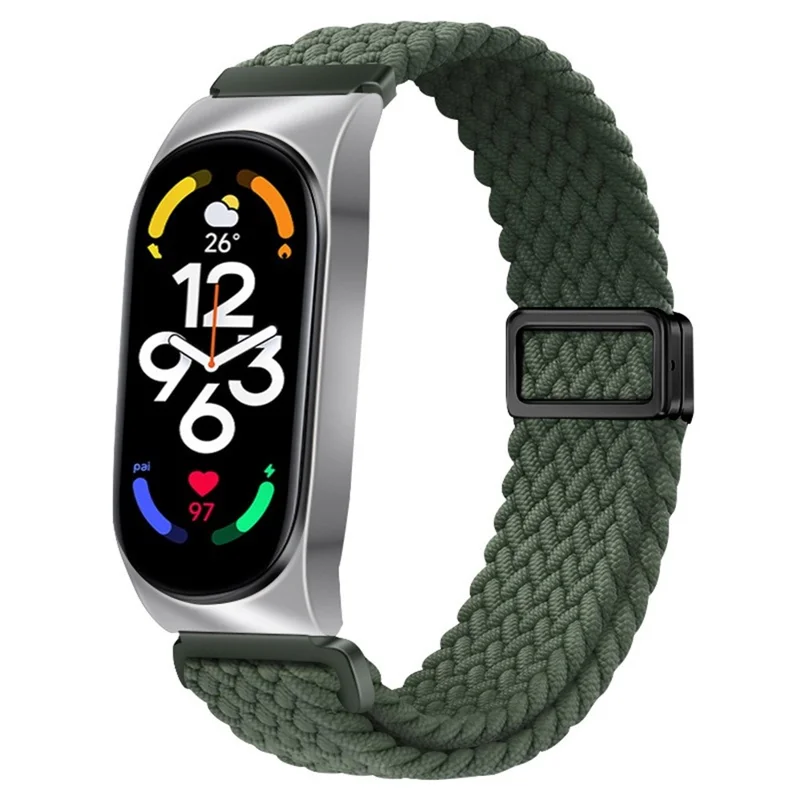 Armband für Xiaomi Smart Band 9 / Smart Band 8 / Mi Band 7 / 6 / 5 / 4 / 3 Magnetische Schnalle Nylongeflecht Band + Metallrahmen - Olivgrün
