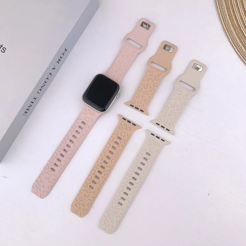 Silicone Band for Apple Watch Series 10 Ultra 9 8 7 SE 6 5 4 3 2 1 46mm 49mm 45mm 44mm 42mm Concave Leopard Texture Watch Strap - Pink
