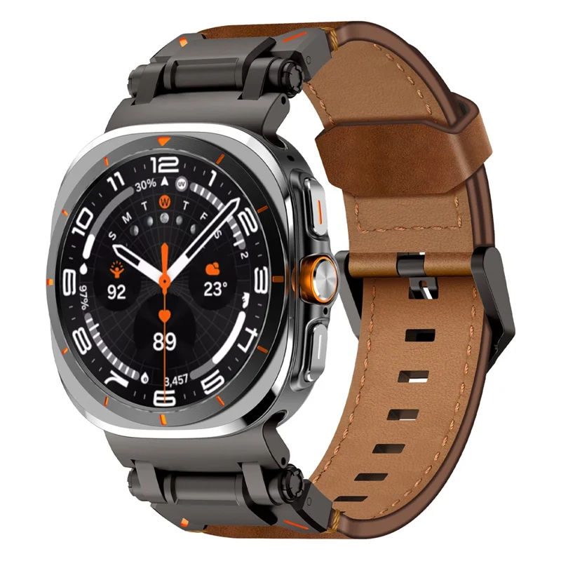 For Samsung Galaxy Watch Ultra 47mm Leather Watch Band Wrist Strap with Stainless Steel Buckle - Black / Brown