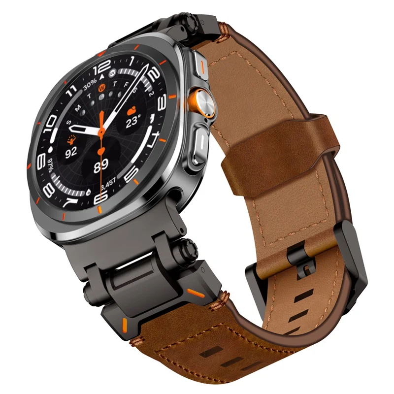 For Samsung Galaxy Watch Ultra 47mm Leather Watch Band Wrist Strap with Stainless Steel Buckle - Black / Brown