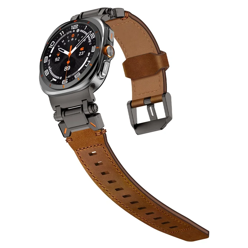 For Samsung Galaxy Watch Ultra 47mm Leather Watch Band Wrist Strap with Stainless Steel Buckle - Black / Brown